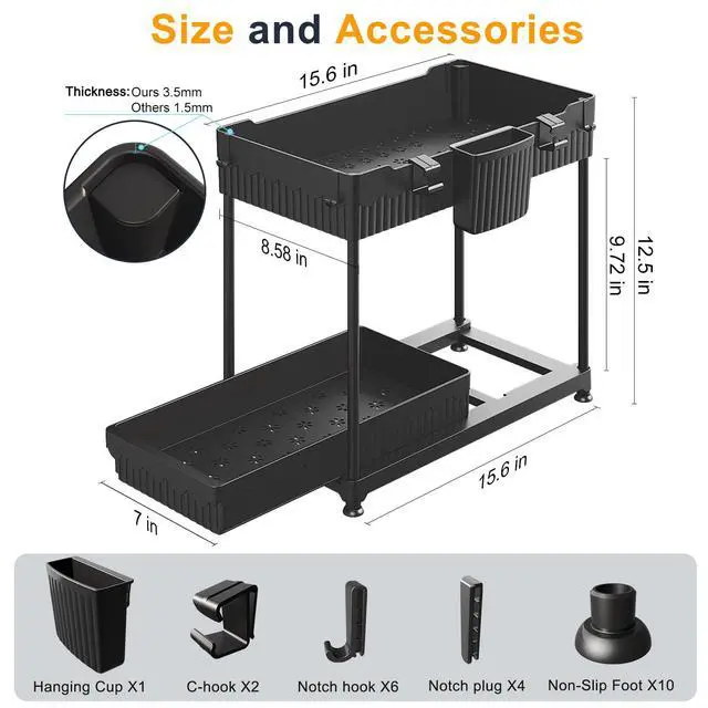 Alt view image 6 of 7 - 2-Pack 2-Tier Under Sink Organizers with Sliding Drawers | Multi-use kitchen & bathroom storage, 12.85 inch black cabinet organizer, space-saving sliding drawer design.