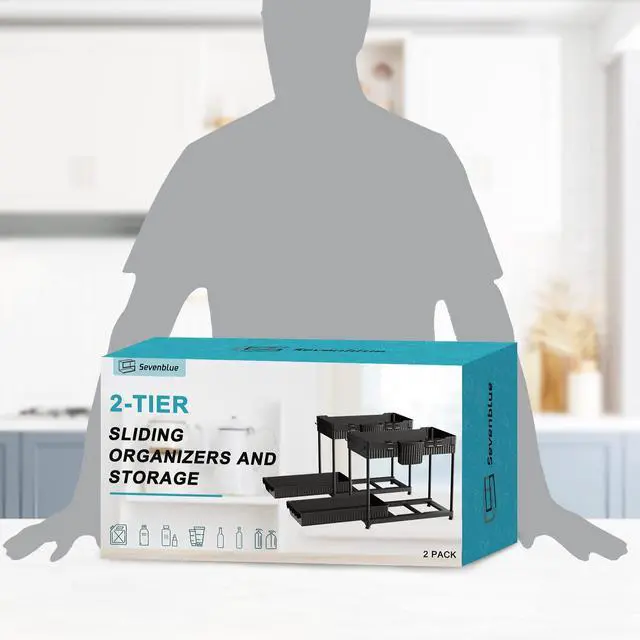 Alt view image 7 of 7 - 2-Pack 2-Tier Under Sink Organizers with Sliding Drawers | Multi-use kitchen & bathroom storage, 12.85 inch black cabinet organizer, space-saving sliding drawer design.