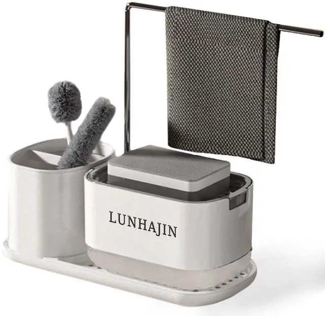 Main image of Kitchen Soap Dispenser Set with Tray and Sponge Holder, Dish and Hand Soap Dispenser with Dishcloth Holder 3-in-1 Sink Countertop Storage Organizer,Includes dish towel and sponge(White)