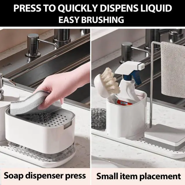 Alt view image 2 of 6 - Kitchen Soap Dispenser Set with Tray and Sponge Holder, Dish and Hand Soap Dispenser with Dishcloth Holder 3-in-1 Sink Countertop Storage Organizer,Includes dish towel and sponge(White)