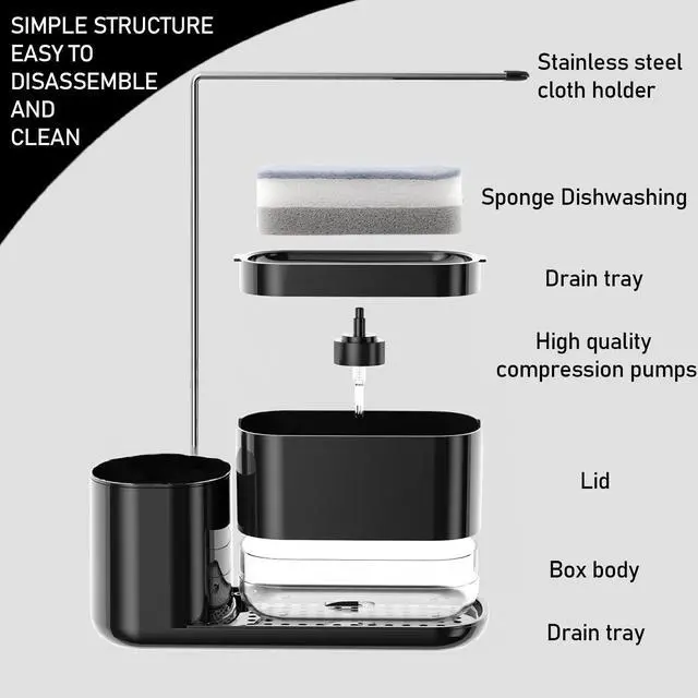 Alt view image 4 of 6 - Kitchen Soap Dispenser Set with Tray and Sponge Holder, Dish and Hand Soap Dispenser with Dishcloth Holder 3-in-1 Sink Countertop Storage Organizer,Includes dish towel and sponge(White)