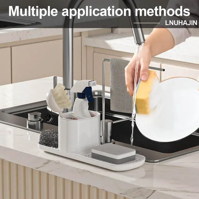 Alt view image 5 of 6 - Kitchen Soap Dispenser Set with Tray and Sponge Holder, Dish and Hand Soap Dispenser with Dishcloth Holder 3-in-1 Sink Countertop Storage Organizer,Includes dish towel and sponge(White)
