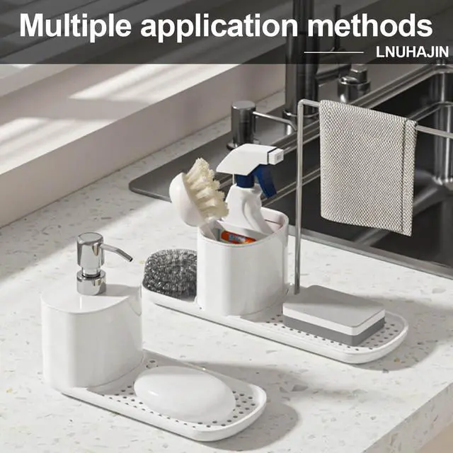 Alt view image 6 of 6 - Kitchen Soap Dispenser Set with Tray and Sponge Holder, Dish and Hand Soap Dispenser with Dishcloth Holder 3-in-1 Sink Countertop Storage Organizer,Includes dish towel and sponge(White)
