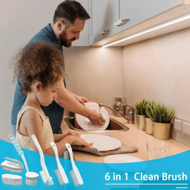 Alt view image 6 of 7 - 6 PCS Cleaning Brush, Scrub Brush Set for Kitchen and Bathroom Household Use with Various Brushes for Cleaning Dishes, Tiles, Corners and Floors Sky Blue
