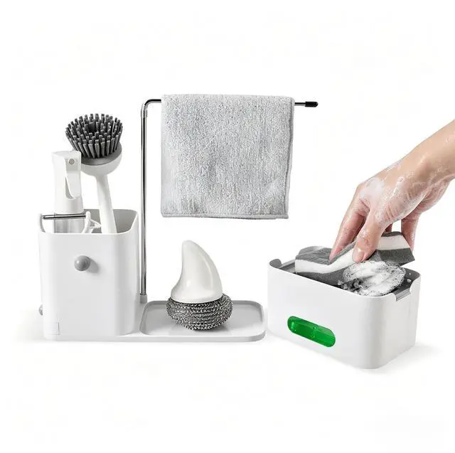 Main image of 4-in-1 Dish Soap Dispenser Set Kitchen Sink Caddy Organizer (White) | with Sponge Holder, Rag Rack and Storage Box, Making Countertop Organized, Easy to Use, Easy to Clean