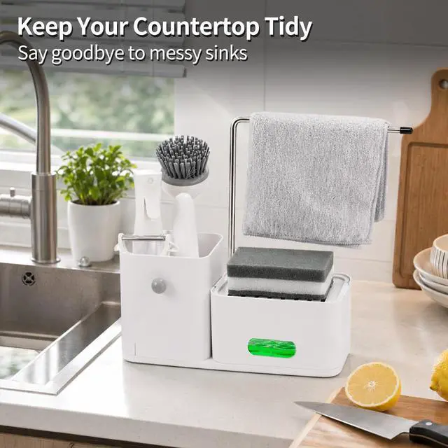Alt view image 3 of 7 - 4-in-1 Dish Soap Dispenser Set Kitchen Sink Caddy Organizer (White) | with Sponge Holder, Rag Rack and Storage Box, Making Countertop Organized, Easy to Use, Easy to Clean