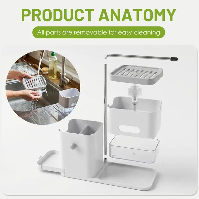 Alt view image 4 of 7 - 4-in-1 Dish Soap Dispenser Set Kitchen Sink Caddy Organizer (White) | with Sponge Holder, Rag Rack and Storage Box, Making Countertop Organized, Easy to Use, Easy to Clean