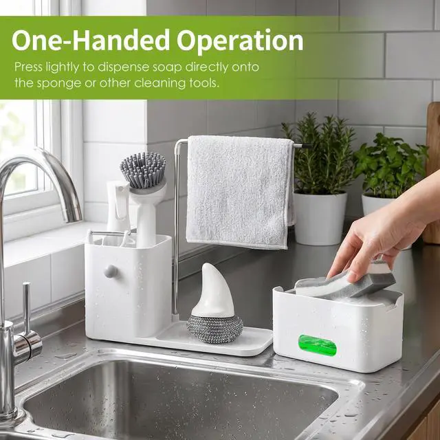 Alt view image 5 of 7 - 4-in-1 Dish Soap Dispenser Set Kitchen Sink Caddy Organizer (White) | with Sponge Holder, Rag Rack and Storage Box, Making Countertop Organized, Easy to Use, Easy to Clean