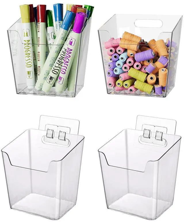Main image of Clear Adhesive Wall Storage Bins, 4 Pack Cabinet Door Organizer Cups(Small) | Clear PET Hanging Wall Mount Pockets, Plastic Caddy for Shower Bathroom Makeup Office Craft Kitchen Sink RV Organization