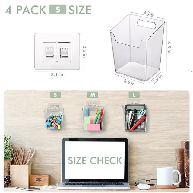 Alt view image 2 of 7 - Clear Adhesive Wall Storage Bins, 4 Pack Cabinet Door Organizer Cups(Small) | Clear PET Hanging Wall Mount Pockets, Plastic Caddy for Shower Bathroom Makeup Office Craft Kitchen Sink RV Organization