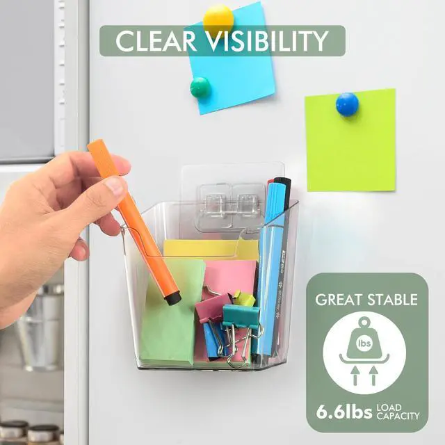 Alt view image 3 of 7 - Clear Adhesive Wall Storage Bins, 4 Pack Cabinet Door Organizer Cups(Small) | Clear PET Hanging Wall Mount Pockets, Plastic Caddy for Shower Bathroom Makeup Office Craft Kitchen Sink RV Organization