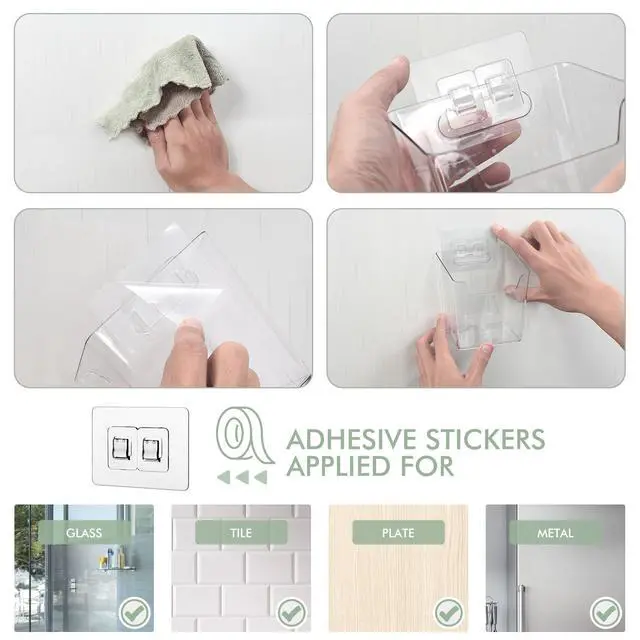 Alt view image 4 of 7 - Clear Adhesive Wall Storage Bins, 4 Pack Cabinet Door Organizer Cups(Small) | Clear PET Hanging Wall Mount Pockets, Plastic Caddy for Shower Bathroom Makeup Office Craft Kitchen Sink RV Organization