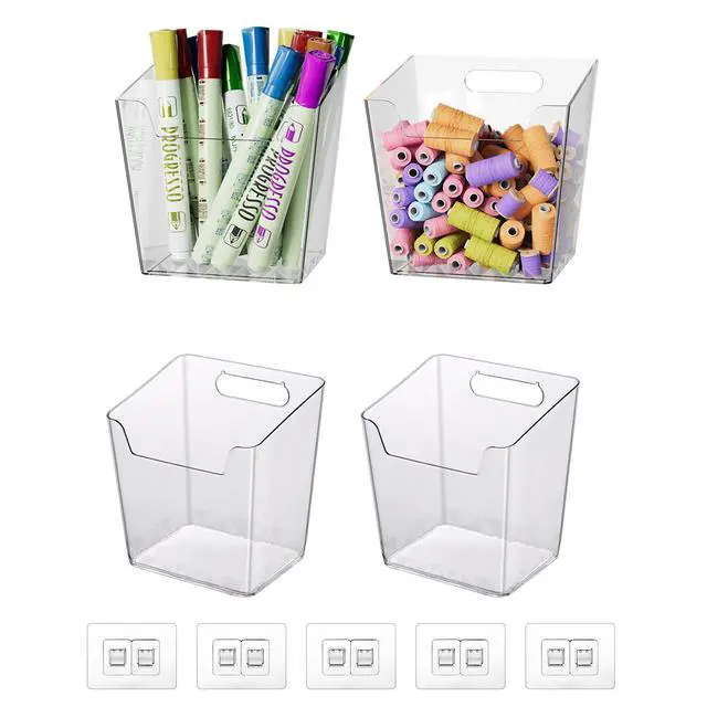 Alt view image 7 of 7 - Clear Adhesive Wall Storage Bins, 4 Pack Cabinet Door Organizer Cups(Small) | Clear PET Hanging Wall Mount Pockets, Plastic Caddy for Shower Bathroom Makeup Office Craft Kitchen Sink RV Organization