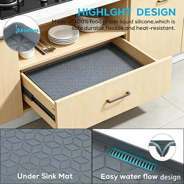 Alt view image 2 of 5 - Under Sink Mats 14"x22" for Kitchen, Silicone Waterproof Liner, Sink Silicone Tray with Drain Hole, Storage and Organizers, Cabinet and Counter Protector,Litter Mat, Pet Cat Puppy Essentials