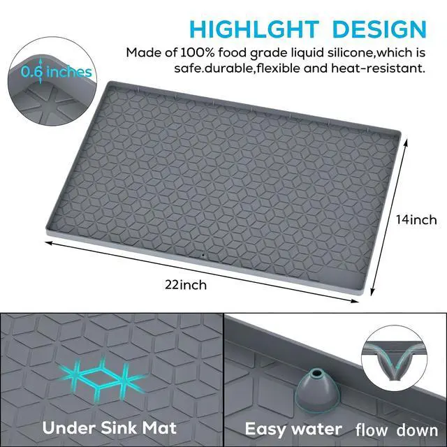 Alt view image 4 of 5 - Under Sink Mats 14"x22" for Kitchen, Silicone Waterproof Liner, Sink Silicone Tray with Drain Hole, Storage and Organizers, Cabinet and Counter Protector,Litter Mat, Pet Cat Puppy Essentials