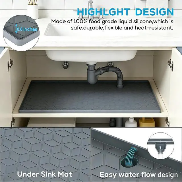 Alt view image 5 of 5 - Under Sink Mats 14"x22" for Kitchen, Silicone Waterproof Liner, Sink Silicone Tray with Drain Hole, Storage and Organizers, Cabinet and Counter Protector,Litter Mat, Pet Cat Puppy Essentials