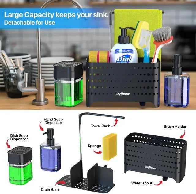 Alt view image 2 of 7 - Dish Soap Dispenser Set with Sponge Holder for Kitchen Sink, 5-in-1 Sink Caddy Organizer with Drain Tray, Brush Holder & Towel Rack, Space Saving Kitchen Counter Organizer