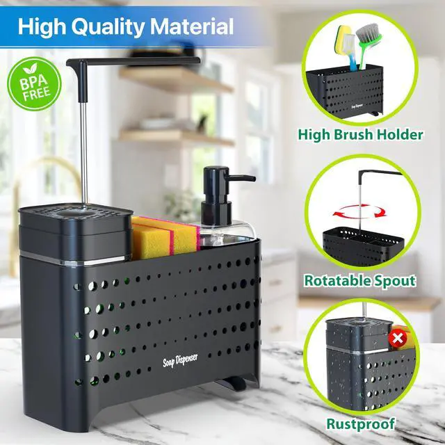 Alt view image 4 of 7 - Dish Soap Dispenser Set with Sponge Holder for Kitchen Sink, 5-in-1 Sink Caddy Organizer with Drain Tray, Brush Holder & Towel Rack, Space Saving Kitchen Counter Organizer