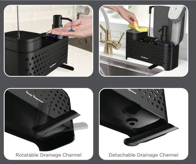 Alt view image 6 of 7 - Dish Soap Dispenser Set with Sponge Holder for Kitchen Sink, 5-in-1 Sink Caddy Organizer with Drain Tray, Brush Holder & Towel Rack, Space Saving Kitchen Counter Organizer