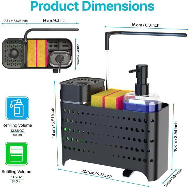 Alt view image 5 of 7 - Dish Soap Dispenser Set with Sponge Holder for Kitchen Sink, 5-in-1 Sink Caddy Organizer with Drain Tray, Brush Holder & Towel Rack, Space Saving Kitchen Counter Organizer