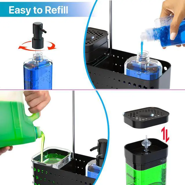 Alt view image 3 of 7 - Dish Soap Dispenser Set with Sponge Holder for Kitchen Sink, 5-in-1 Sink Caddy Organizer with Drain Tray, Brush Holder & Towel Rack, Space Saving Kitchen Counter Organizer