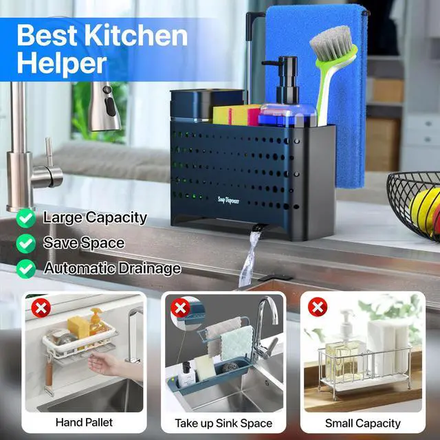 Alt view image 7 of 7 - Dish Soap Dispenser Set with Sponge Holder for Kitchen Sink, 5-in-1 Sink Caddy Organizer with Drain Tray, Brush Holder & Towel Rack, Space Saving Kitchen Counter Organizer