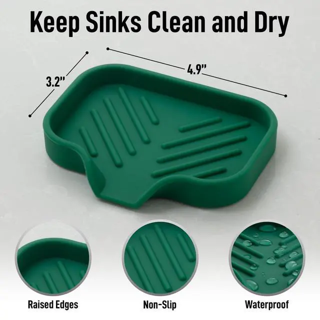 Alt view image 4 of 7 - Small Silicone Sponge Holder (4.9x3.3) Space-Saving Sink Organizer Tray for Sponge, Soap, Brush & More Compact Non-Slip Dish for Kitchen & Bathroom Countertops (Pine Green)