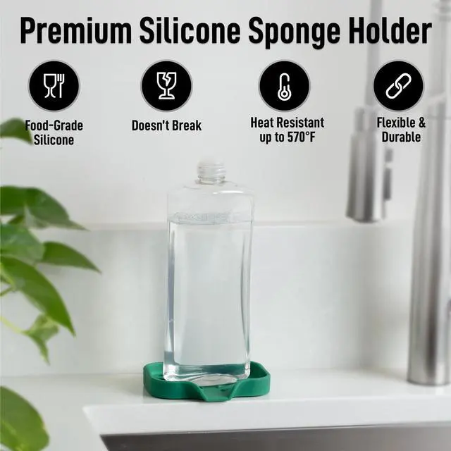 Alt view image 5 of 7 - Small Silicone Sponge Holder (4.9x3.3) Space-Saving Sink Organizer Tray for Sponge, Soap, Brush & More Compact Non-Slip Dish for Kitchen & Bathroom Countertops (Pine Green)