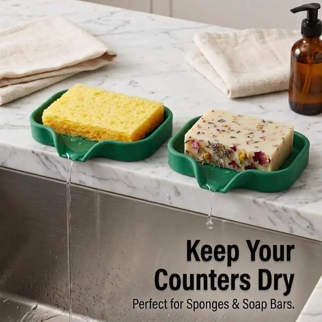 Alt view image 3 of 7 - Small Silicone Sponge Holder (4.9x3.3) Space-Saving Sink Organizer Tray for Sponge, Soap, Brush & More Compact Non-Slip Dish for Kitchen & Bathroom Countertops (Pine Green)