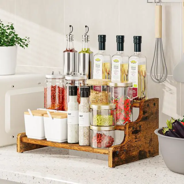 Alt view image 2 of 7 - 3-Tier Spice Rack, 13.8 Inch Wood Step Shelf Countertop Spice Storage Holder, Kitchen Pantry Cabinet Organizer Cupboard for Spice Bottles, Jars, Seasonings, Baking Supplies,Bathroom Organizer