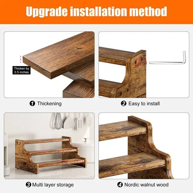 Alt view image 5 of 7 - 3-Tier Spice Rack, 13.8 Inch Wood Step Shelf Countertop Spice Storage Holder, Kitchen Pantry Cabinet Organizer Cupboard for Spice Bottles, Jars, Seasonings, Baking Supplies,Bathroom Organizer