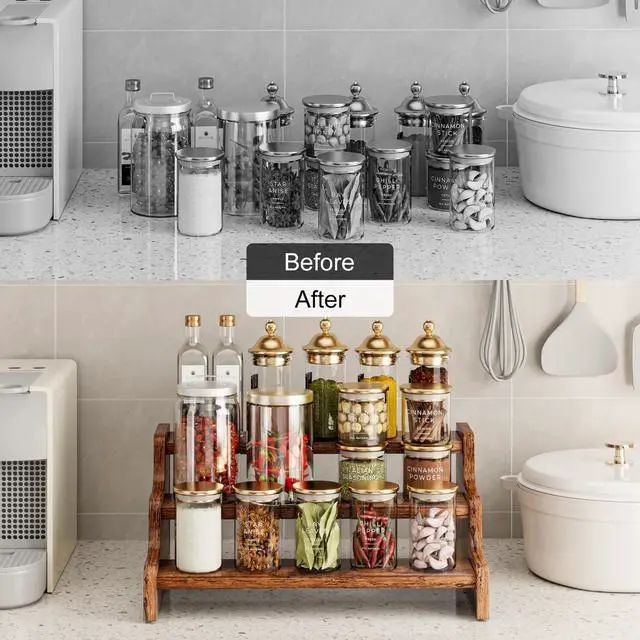 Alt view image 6 of 7 - 3-Tier Spice Rack, 13.8 Inch Wood Step Shelf Countertop Spice Storage Holder, Kitchen Pantry Cabinet Organizer Cupboard for Spice Bottles, Jars, Seasonings, Baking Supplies,Bathroom Organizer