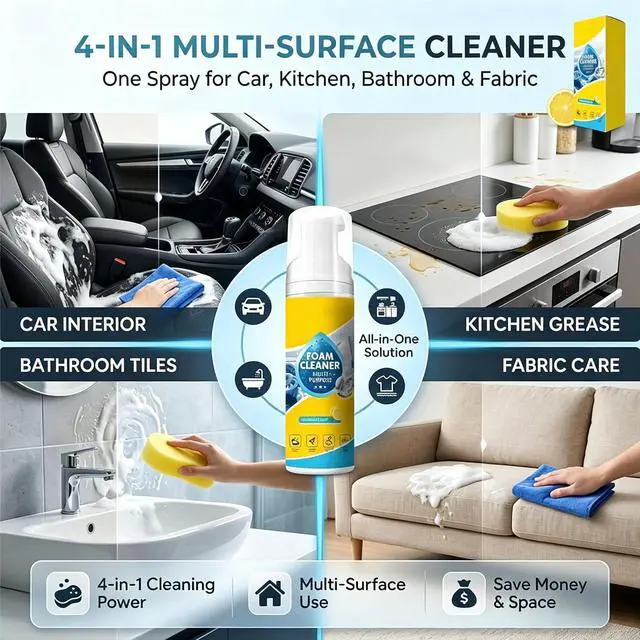 Alt view image 3 of 7 - 4-in-1 Multi-Enzyme Foam Cleaner, All-Purpose Deep Cleaning Spray, Foam Cleaner No Rinse Multipurpose for Car Interior, Kitchen Grease, Bathroom Tiles, Sofa Upholstery (1PC+1*Sponge+Towel)