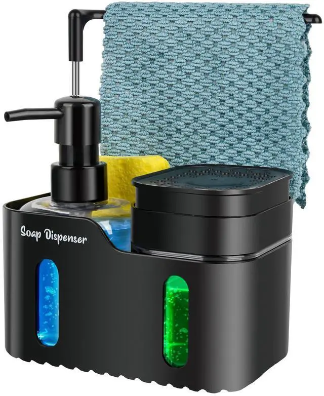 Main image of Hand Soap and Dish Soap Dispenser Set for Kitchen, Dual Soap Dispenser with Sponge Holder and Dishcloth Holder 4-in-1 Organizer for Kitchen Sink Countertop, Useful Kitchen Gadgets (Black)