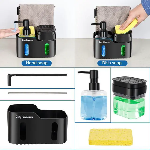 Alt view image 2 of 7 - Hand Soap and Dish Soap Dispenser Set for Kitchen, Dual Soap Dispenser with Sponge Holder and Dishcloth Holder 4-in-1 Organizer for Kitchen Sink Countertop, Useful Kitchen Gadgets (Black)