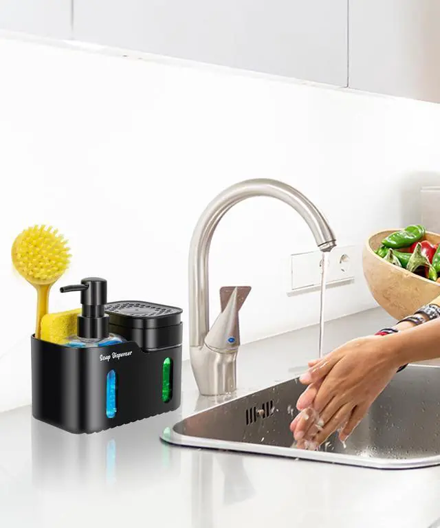 Alt view image 5 of 7 - Hand Soap and Dish Soap Dispenser Set for Kitchen, Dual Soap Dispenser with Sponge Holder and Dishcloth Holder 4-in-1 Organizer for Kitchen Sink Countertop, Useful Kitchen Gadgets (Black)