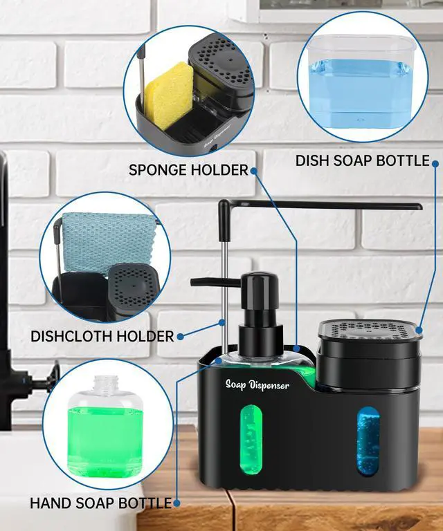 Alt view image 3 of 7 - Hand Soap and Dish Soap Dispenser Set for Kitchen, Dual Soap Dispenser with Sponge Holder and Dishcloth Holder 4-in-1 Organizer for Kitchen Sink Countertop, Useful Kitchen Gadgets (Black)