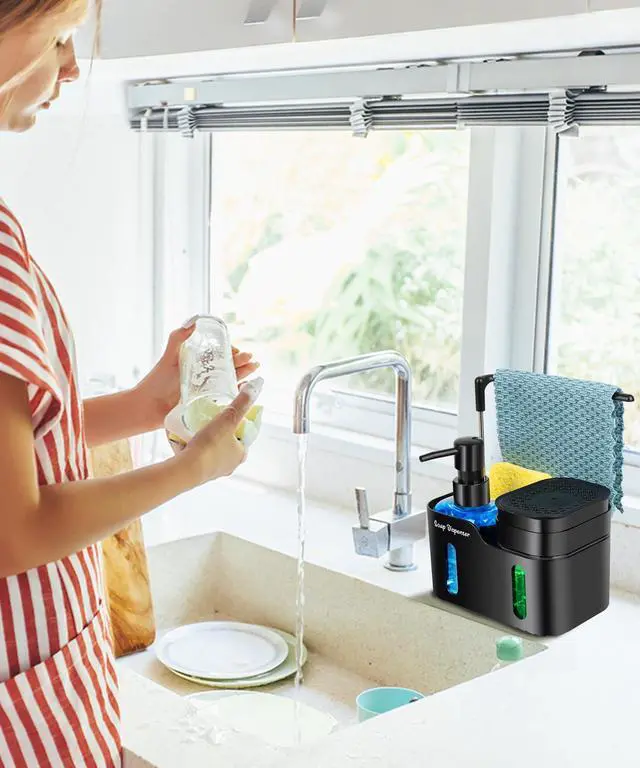 Alt view image 4 of 7 - Hand Soap and Dish Soap Dispenser Set for Kitchen, Dual Soap Dispenser with Sponge Holder and Dishcloth Holder 4-in-1 Organizer for Kitchen Sink Countertop, Useful Kitchen Gadgets (Black)