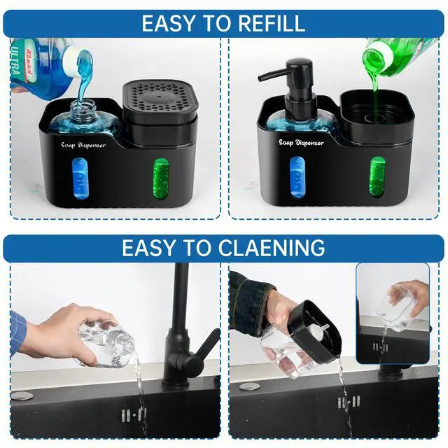 Alt view image 6 of 7 - Hand Soap and Dish Soap Dispenser Set for Kitchen, Dual Soap Dispenser with Sponge Holder and Dishcloth Holder 4-in-1 Organizer for Kitchen Sink Countertop, Useful Kitchen Gadgets (Black)