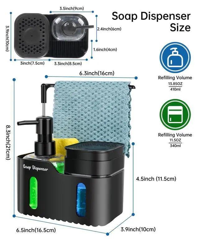 Alt view image 7 of 7 - Hand Soap and Dish Soap Dispenser Set for Kitchen, Dual Soap Dispenser with Sponge Holder and Dishcloth Holder 4-in-1 Organizer for Kitchen Sink Countertop, Useful Kitchen Gadgets (Black)