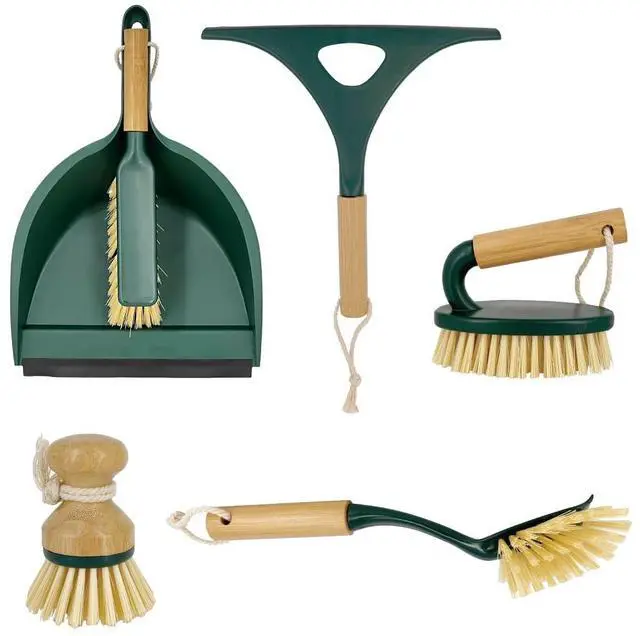Main image of Scrub Brush Cleaning Tool Set - Heavy Duty Brushes with Bamboo Handles, Dustpan, Shower Squeegee - Dishwashing, Kitchen, and Bathroom Cleaning Supplies, 6 Pieces