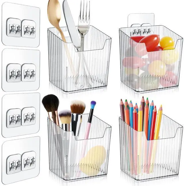 Main image of 4 Pack Acrylic Wall Mount Organizer, Adhesive Cabinet Door Storage Bins, Clear Makeup Containers, Stackable Organizer Basket for Kitchen, Bathroom, Cabinet, Pantry, Office