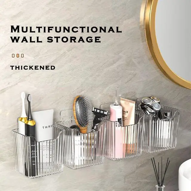 Alt view image 3 of 7 - 4 Pack Acrylic Wall Mount Organizer, Adhesive Cabinet Door Storage Bins, Clear Makeup Containers, Stackable Organizer Basket for Kitchen, Bathroom, Cabinet, Pantry, Office