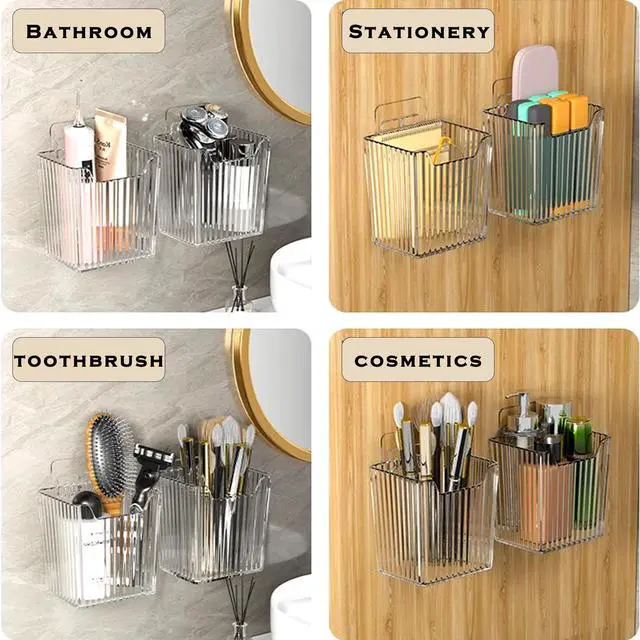 Alt view image 5 of 7 - 4 Pack Acrylic Wall Mount Organizer, Adhesive Cabinet Door Storage Bins, Clear Makeup Containers, Stackable Organizer Basket for Kitchen, Bathroom, Cabinet, Pantry, Office