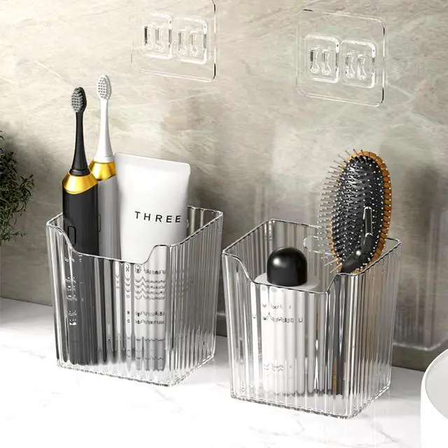 Alt view image 6 of 7 - 4 Pack Acrylic Wall Mount Organizer, Adhesive Cabinet Door Storage Bins, Clear Makeup Containers, Stackable Organizer Basket for Kitchen, Bathroom, Cabinet, Pantry, Office
