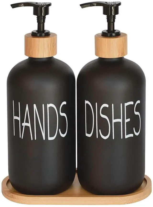 Main image of Glass Soap Dispenser Set. Hand and Dish with Bamboo Tray. Vintage Pump for Kitchen Drain Outlet Bathroom. Stylish Permanent Labels (Matte Black)