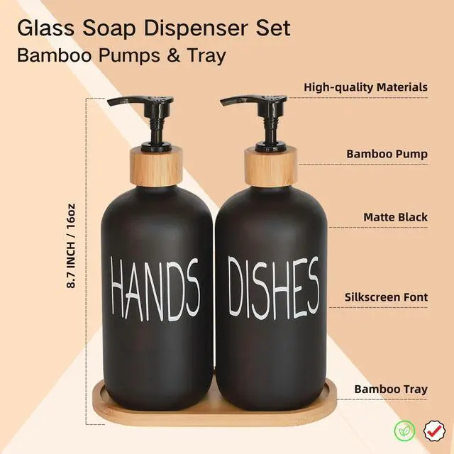 Alt view image 2 of 6 - Glass Soap Dispenser Set. Hand and Dish with Bamboo Tray. Vintage Pump for Kitchen Drain Outlet Bathroom. Stylish Permanent Labels (Matte Black)