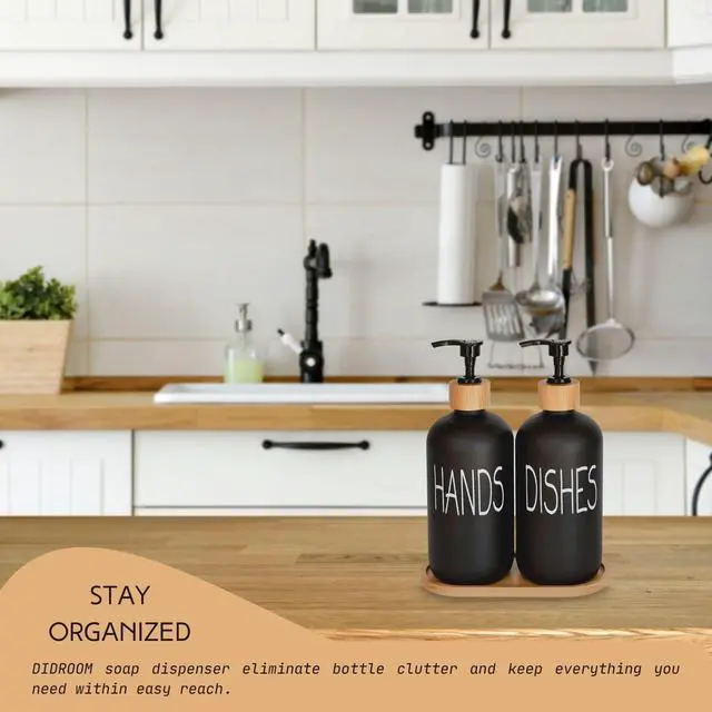 Alt view image 3 of 6 - Glass Soap Dispenser Set. Hand and Dish with Bamboo Tray. Vintage Pump for Kitchen Drain Outlet Bathroom. Stylish Permanent Labels (Matte Black)
