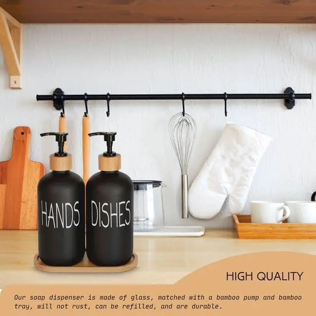 Alt view image 4 of 6 - Glass Soap Dispenser Set. Hand and Dish with Bamboo Tray. Vintage Pump for Kitchen Drain Outlet Bathroom. Stylish Permanent Labels (Matte Black)