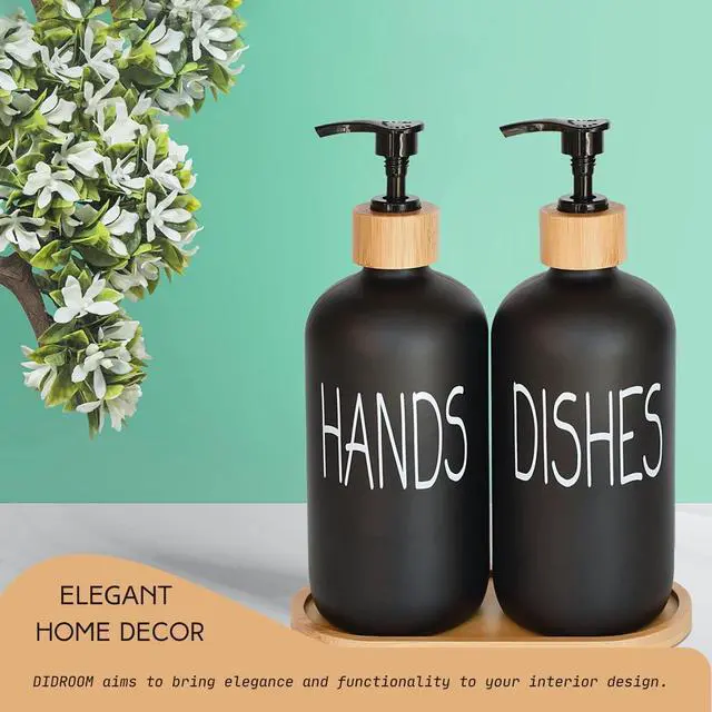 Alt view image 5 of 6 - Glass Soap Dispenser Set. Hand and Dish with Bamboo Tray. Vintage Pump for Kitchen Drain Outlet Bathroom. Stylish Permanent Labels (Matte Black)